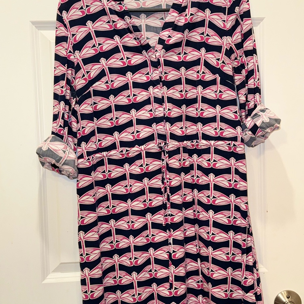 Crown & Ivy Navy and Pink Dragonfly Patterned Dress